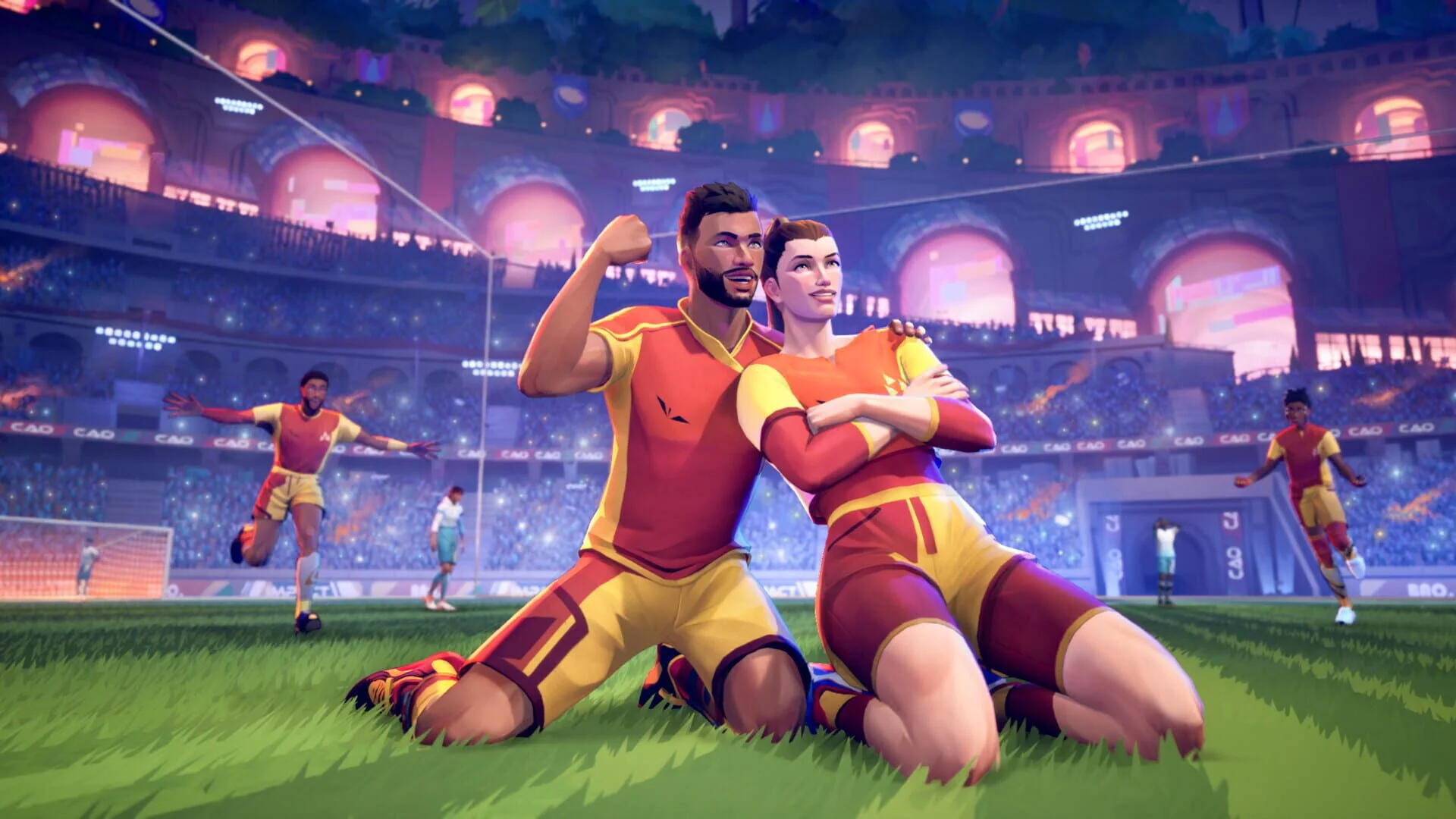Action rapide sur le terrain de Rematch, deux équipes en duel.