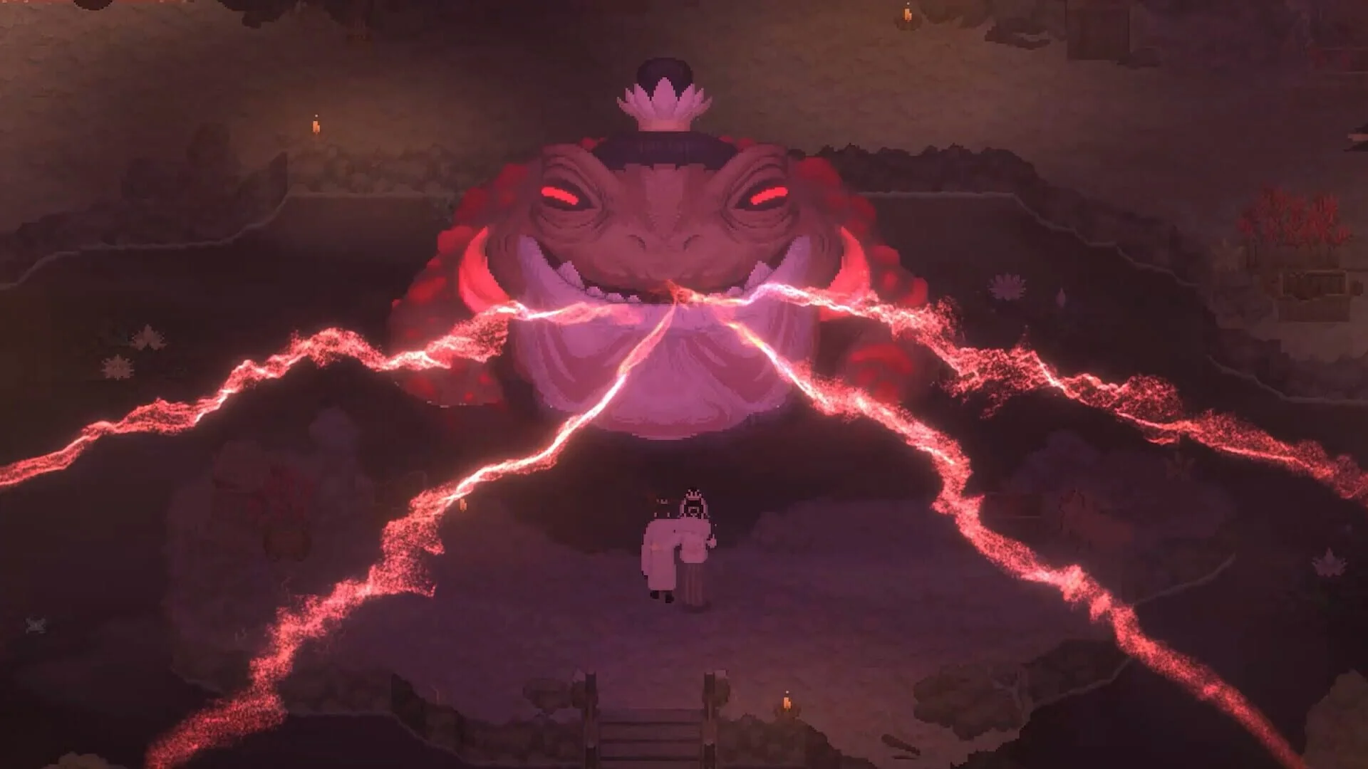 Qiyun face à une créature surnaturelle dans un décor nocturne en pixel art traditionnel.