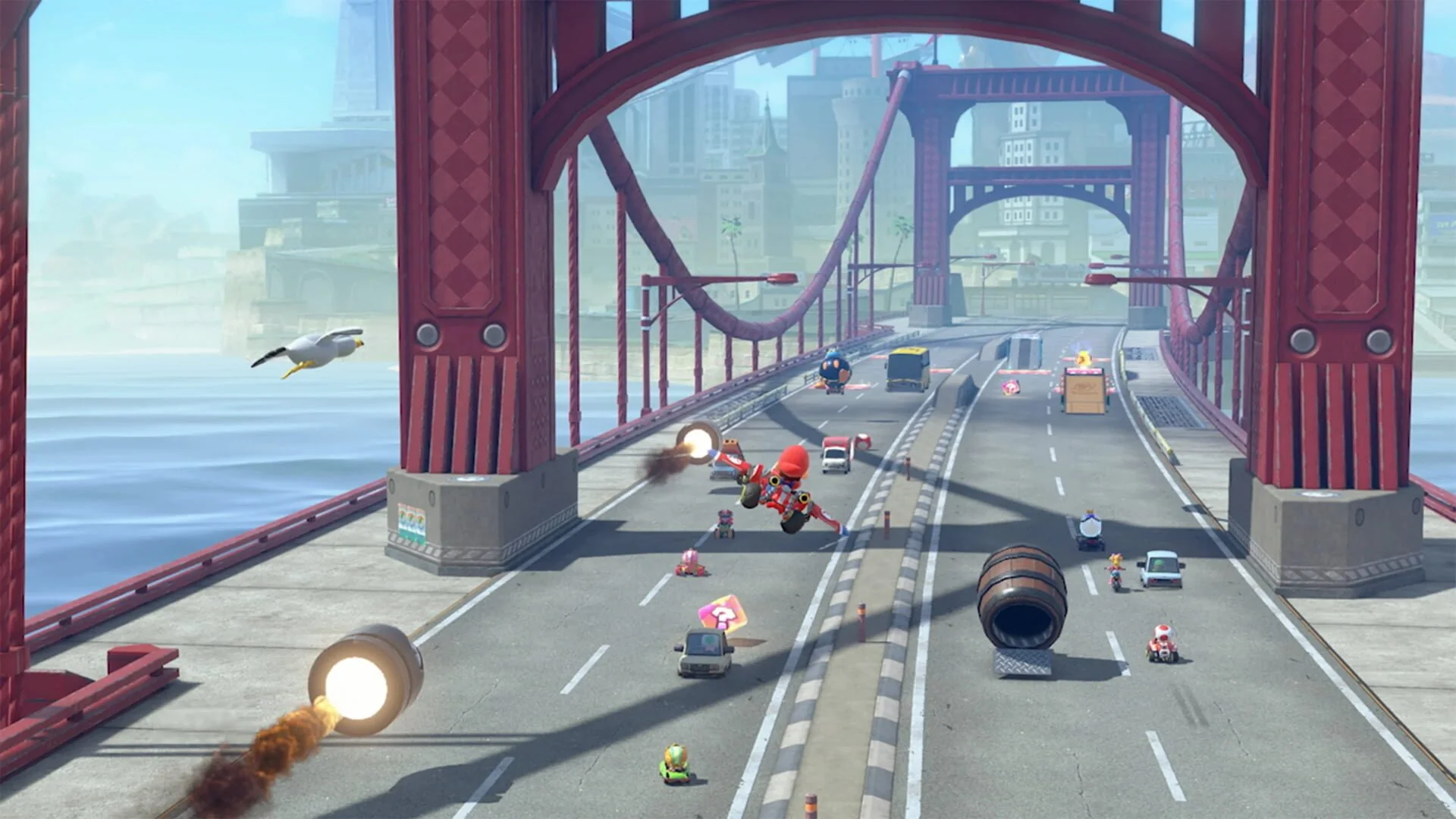 Mario dans une zone urbaine inédite, illustrant la diversité des environnements dans Mario Kart World
