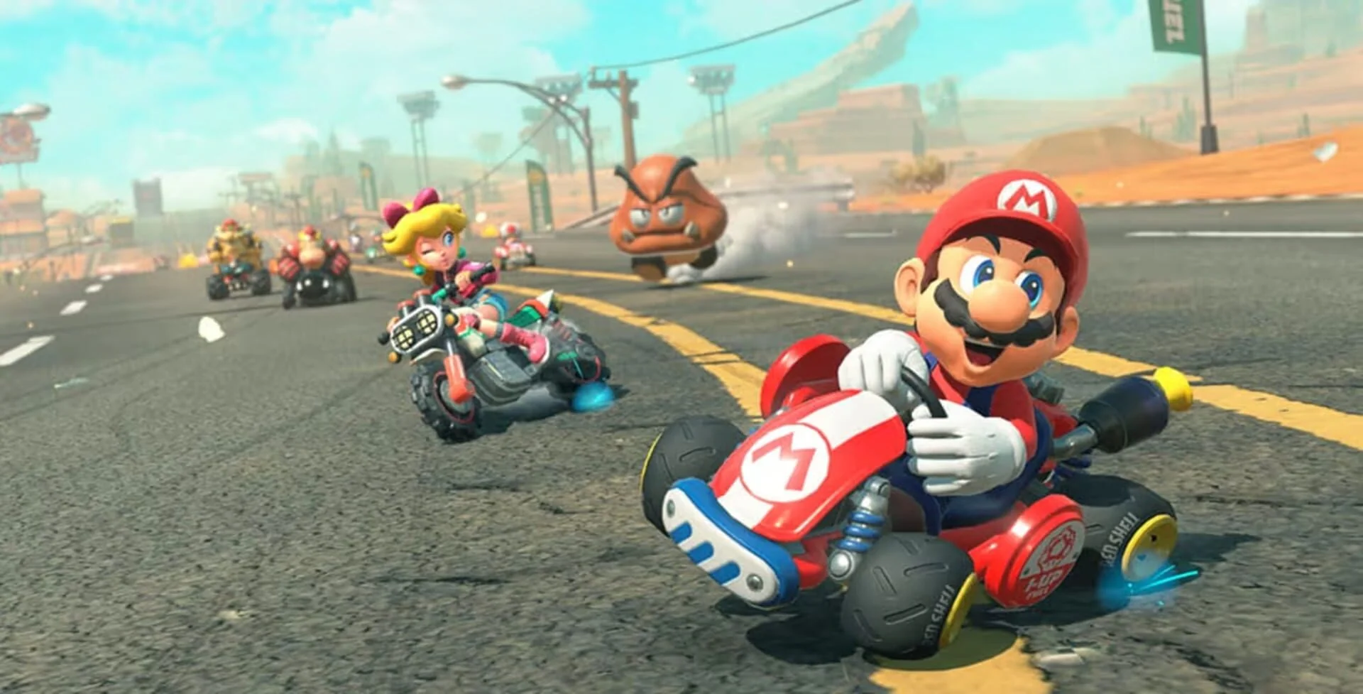 Un circuit sinueux dans Mario Kart World, sans coupure de chargement, typique du nouveau système