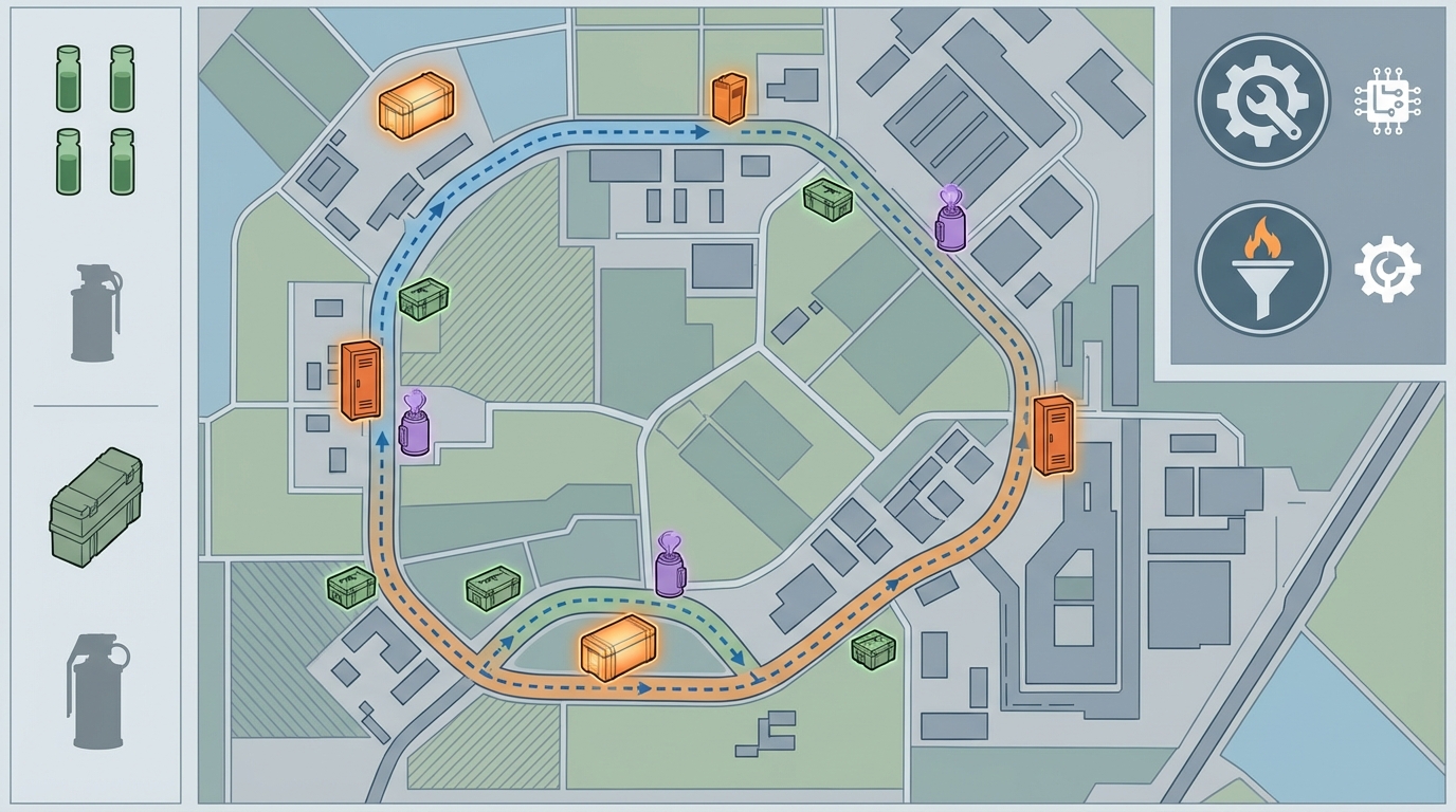 Diagrammatic map and loadout infographic illustrating optimal speed-farming routes and container targets.