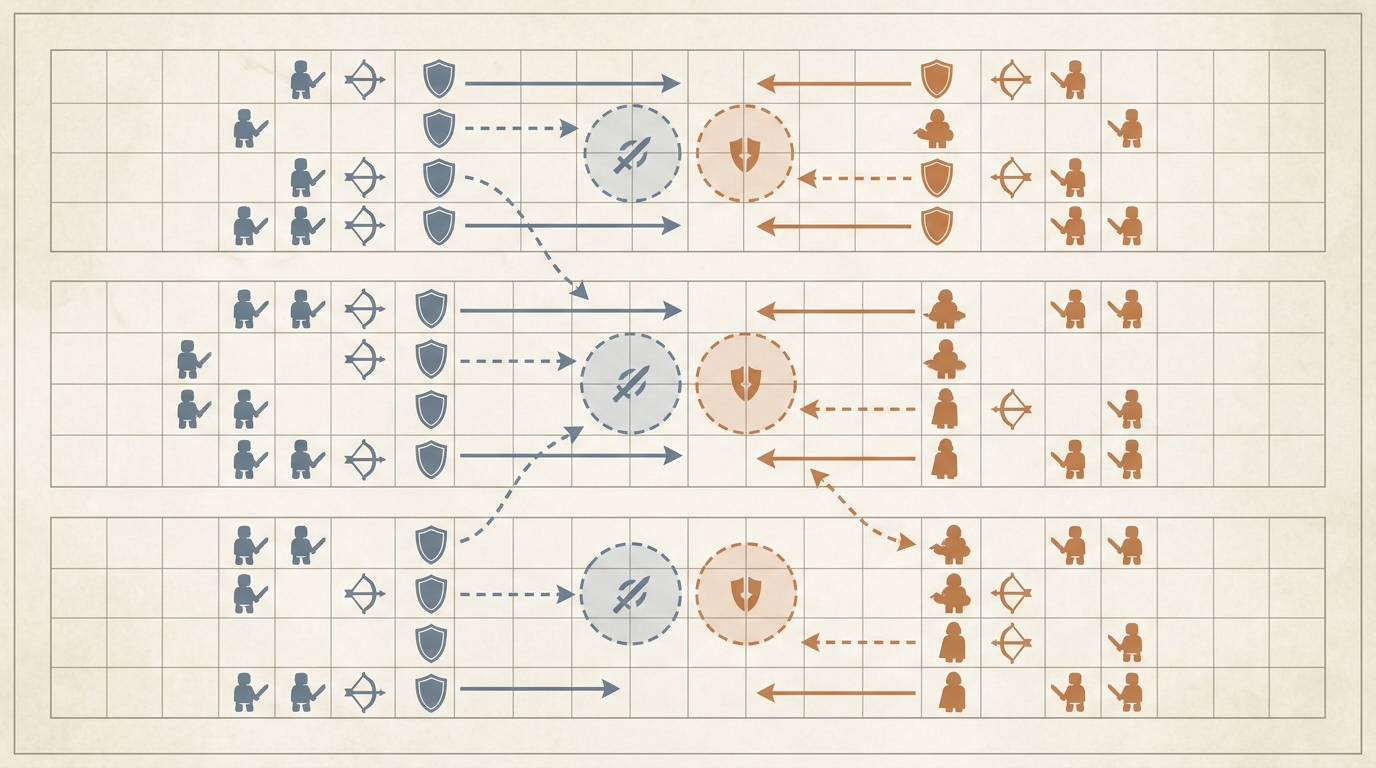 Schéma conceptuel des dynamiques de fight (zones, portée, contres).