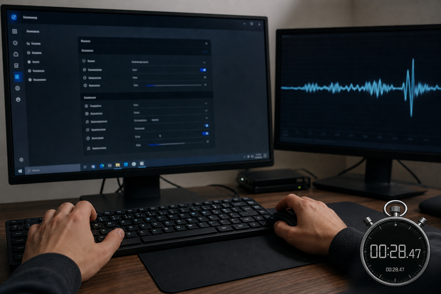 Depict step-by-step verification on a real PC without textual UI details.