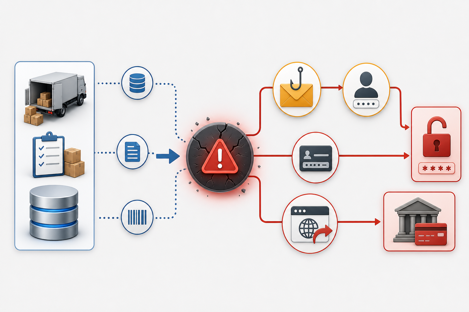 Text-free diagram of how logistics shipment data exposure can lead to phishing and credential compromise.