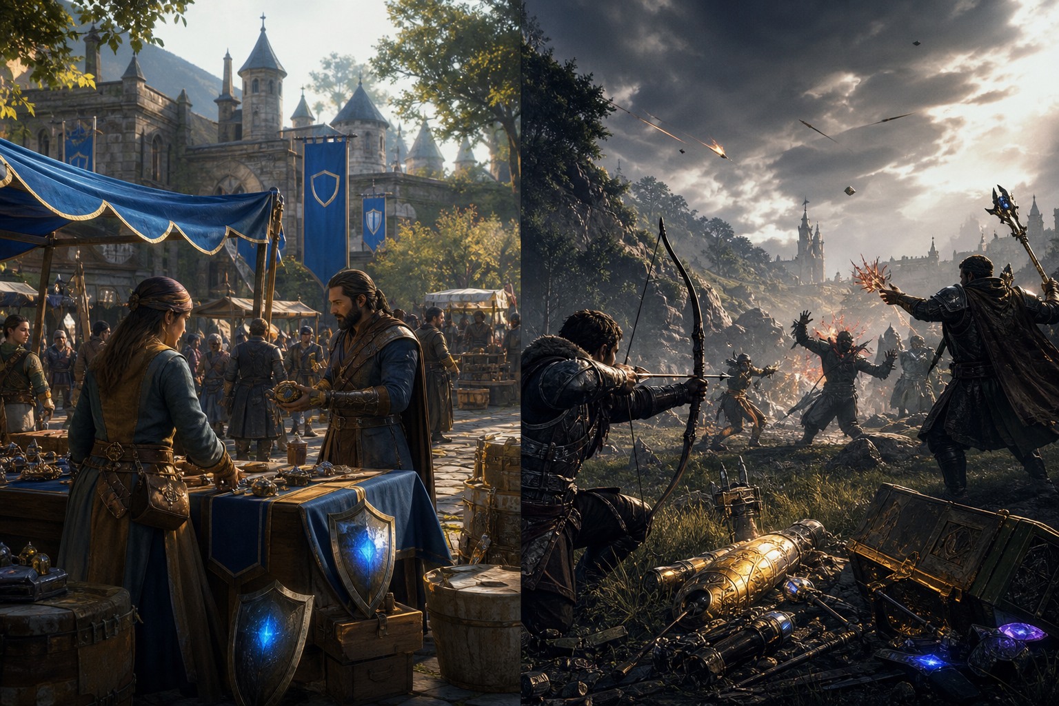 Visual contrast of safe co-op PvE areas versus PvP zones (conceptual).
