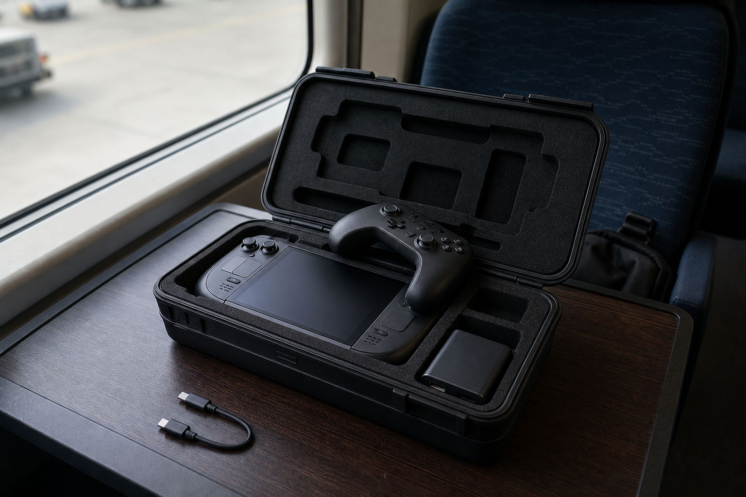 Real-world travel scene with portable controller and case.