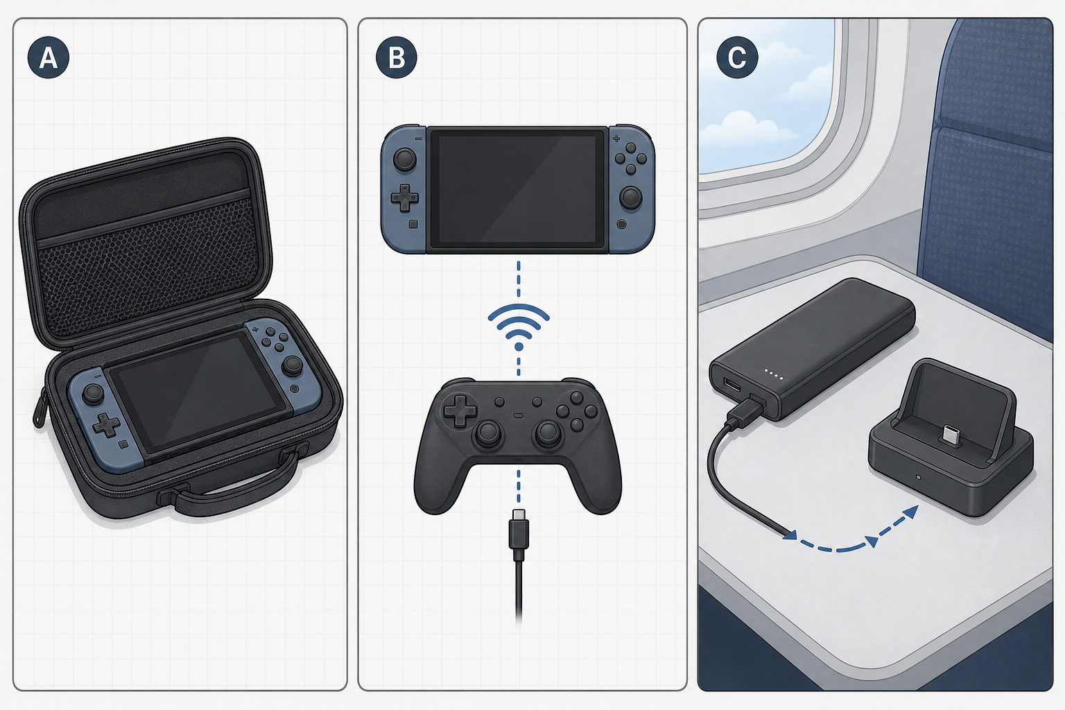 Travel setup concept for controller and charging while commuting.