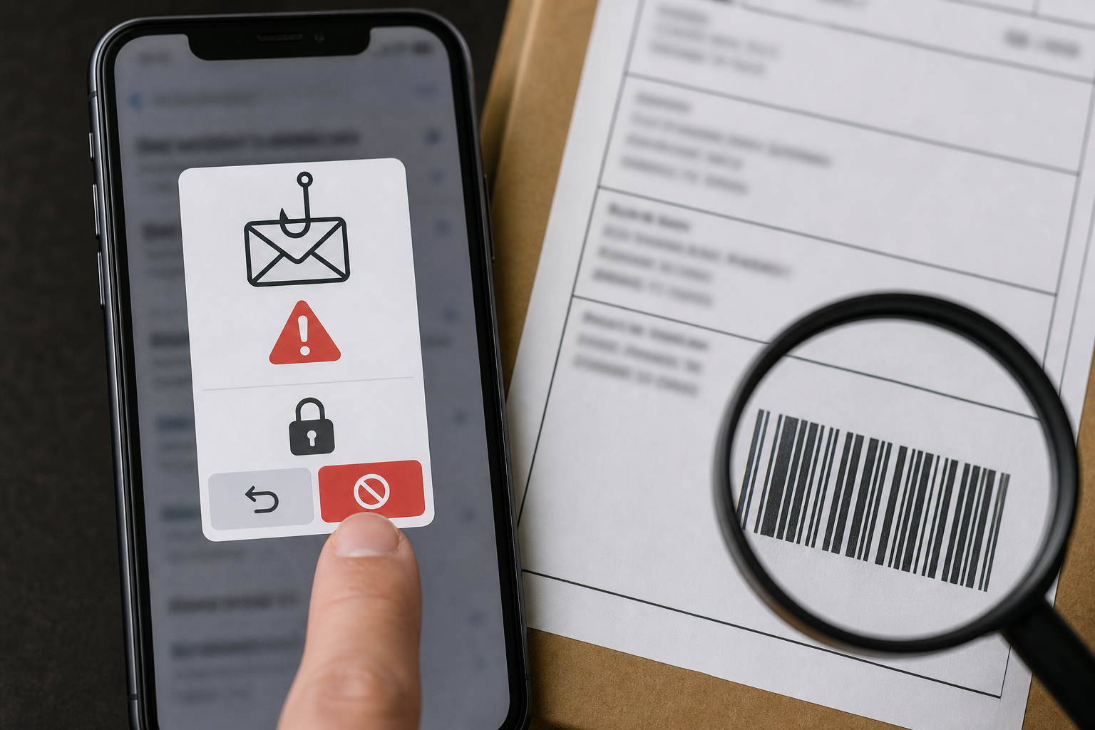 Close-up of user actions to detect and report a phishing attempt linked to shipping information.