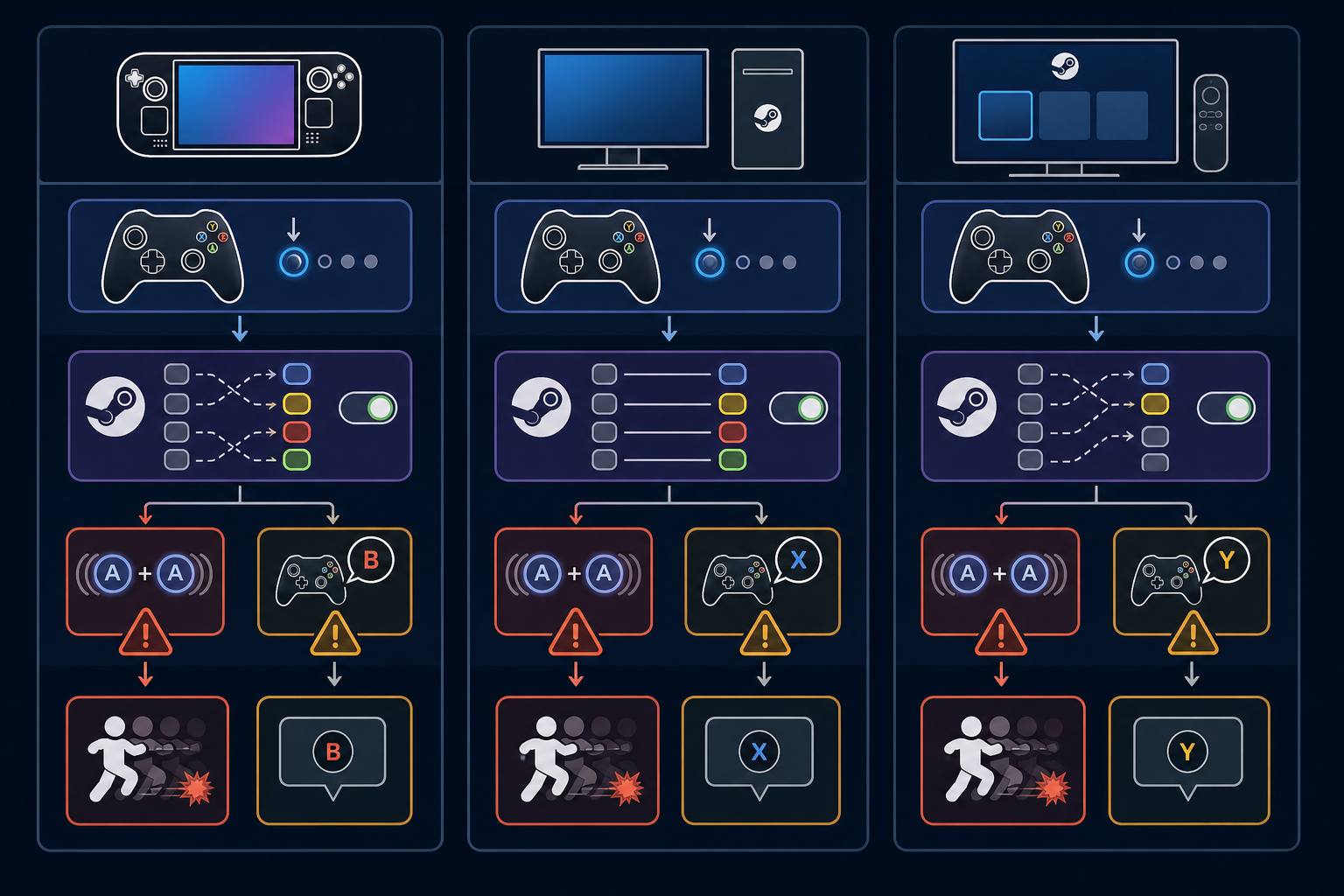 Cross-platform troubleshooting flow for double inputs and button prompt mismatches.