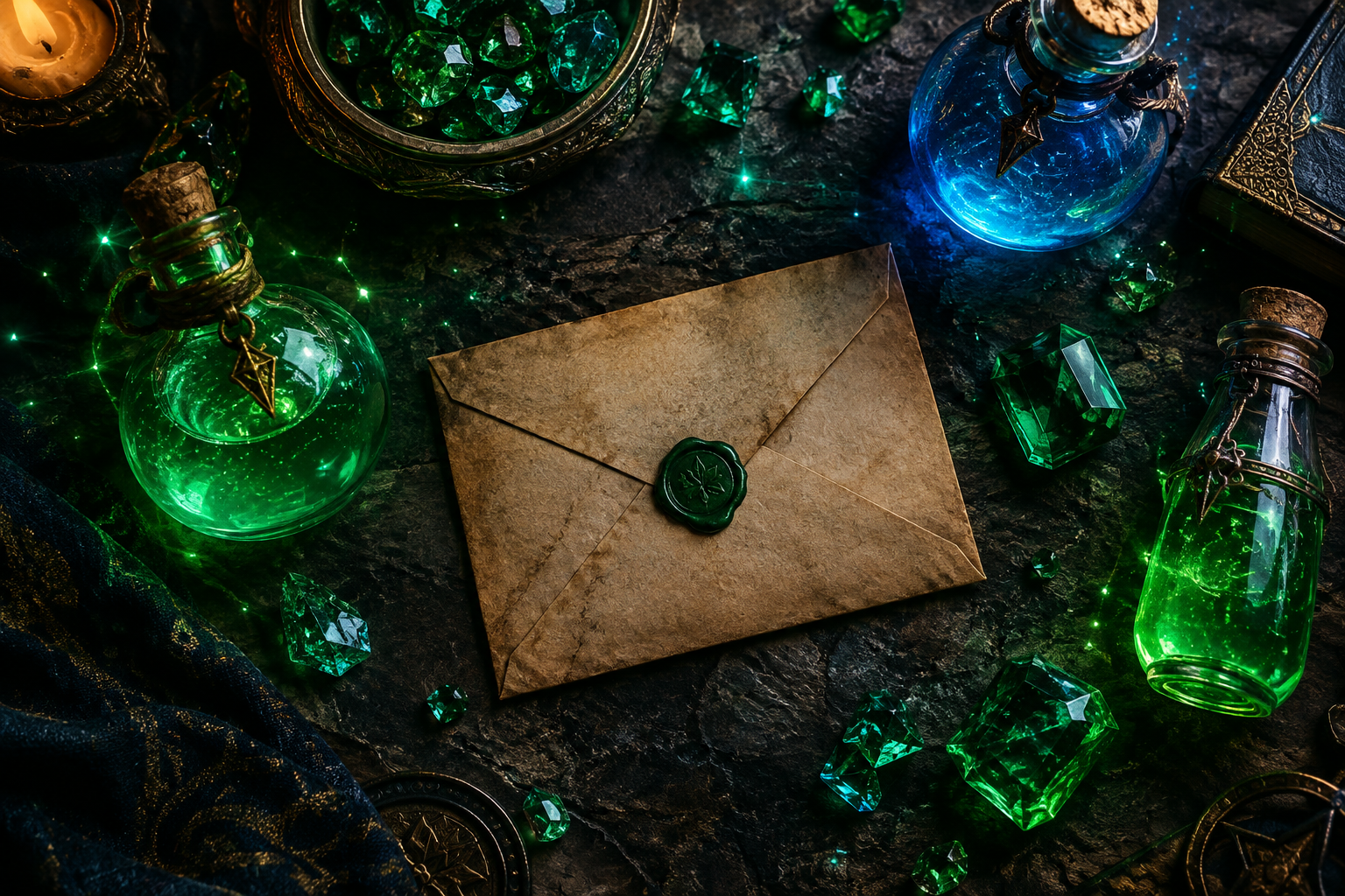 Close-up of emeralds and potions representing the rewards.